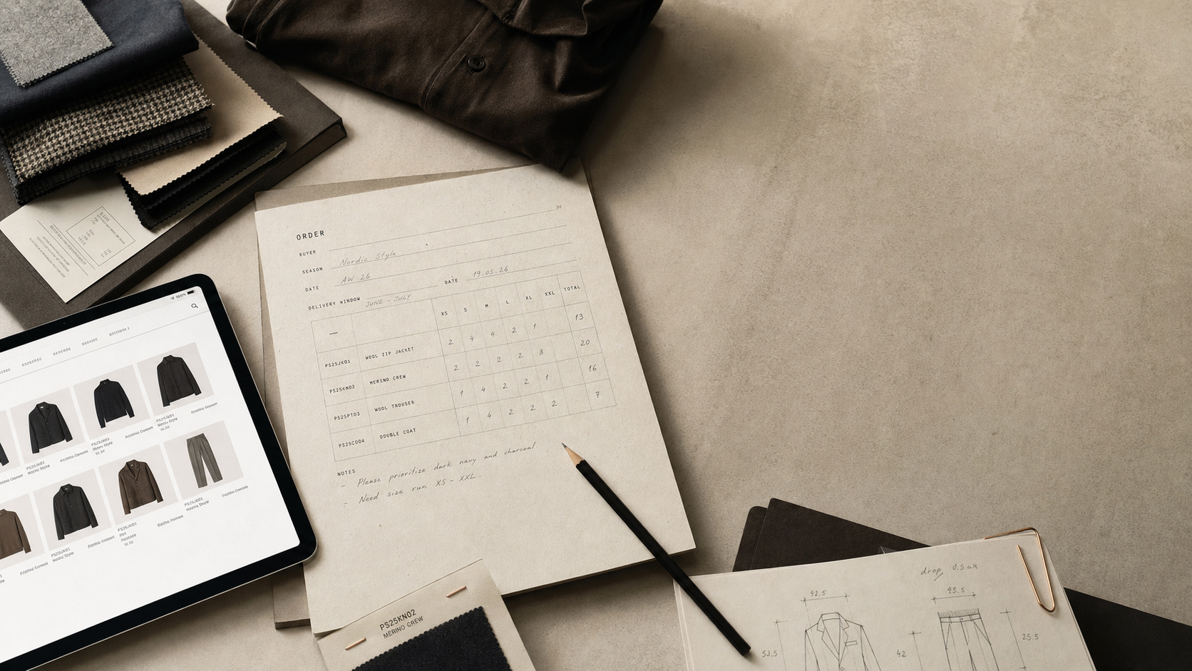 Pierre · Order desk: ORDER sheet, fabric swatches, tablet showcasing catalog, technical sketches